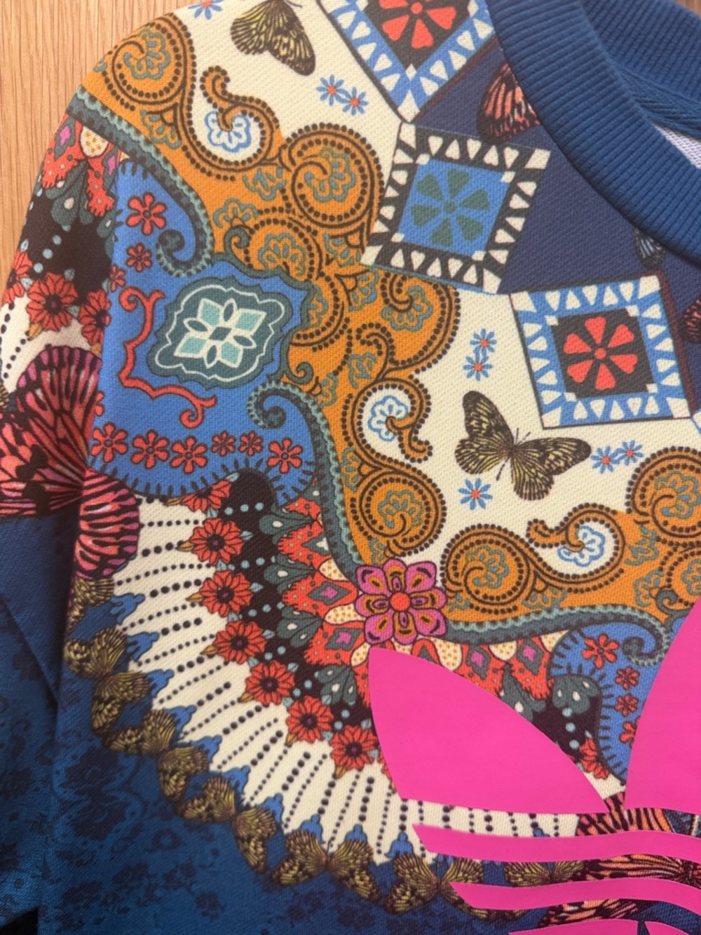 adidas and Farm Rio Blue Sweatshirt with Hot Pink Trefoil and butterfly print! - Picture 7 of 8